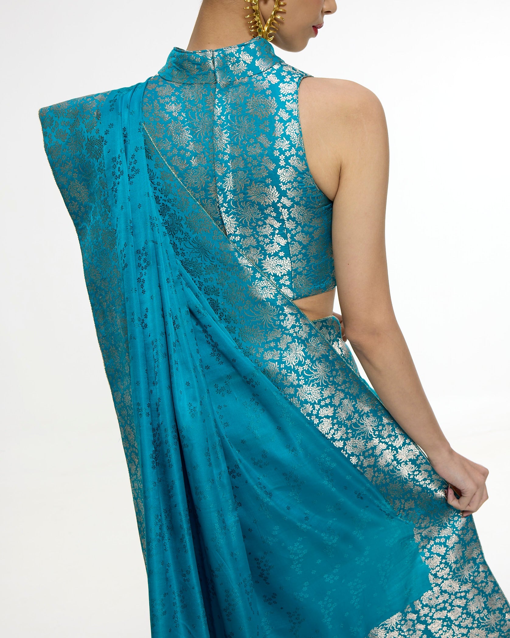 Handwoven Coral Blue Sari