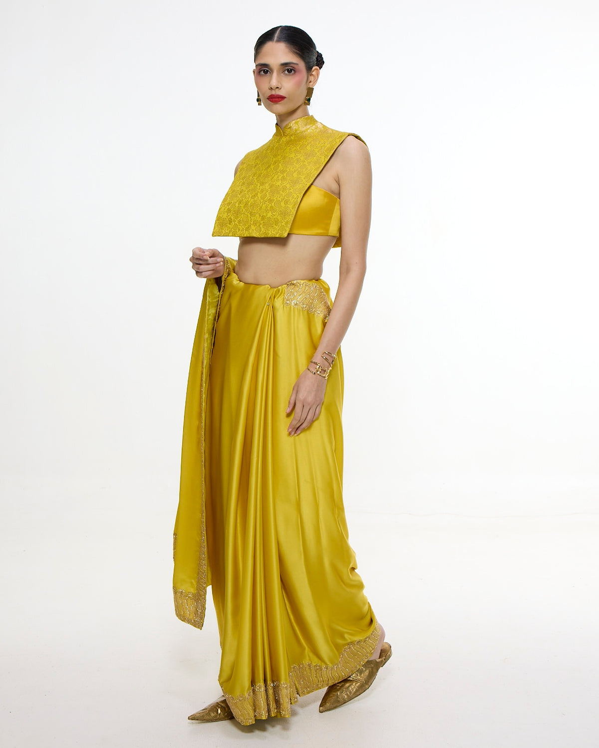 Handwoven Yellow Ochre Mashroo Silk Sari With Embroidered Border