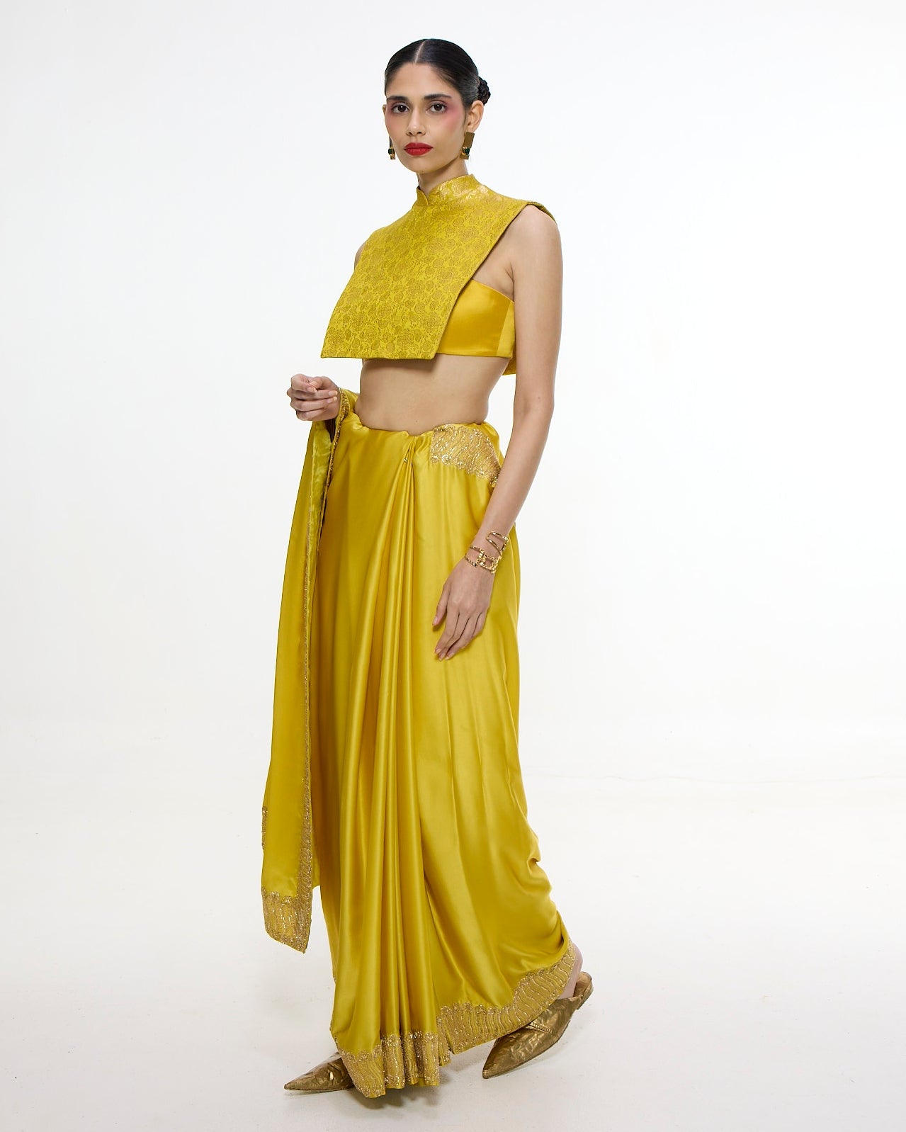 Handwoven Yellow Ochre Mashroo Silk Sari With Embroidered Border