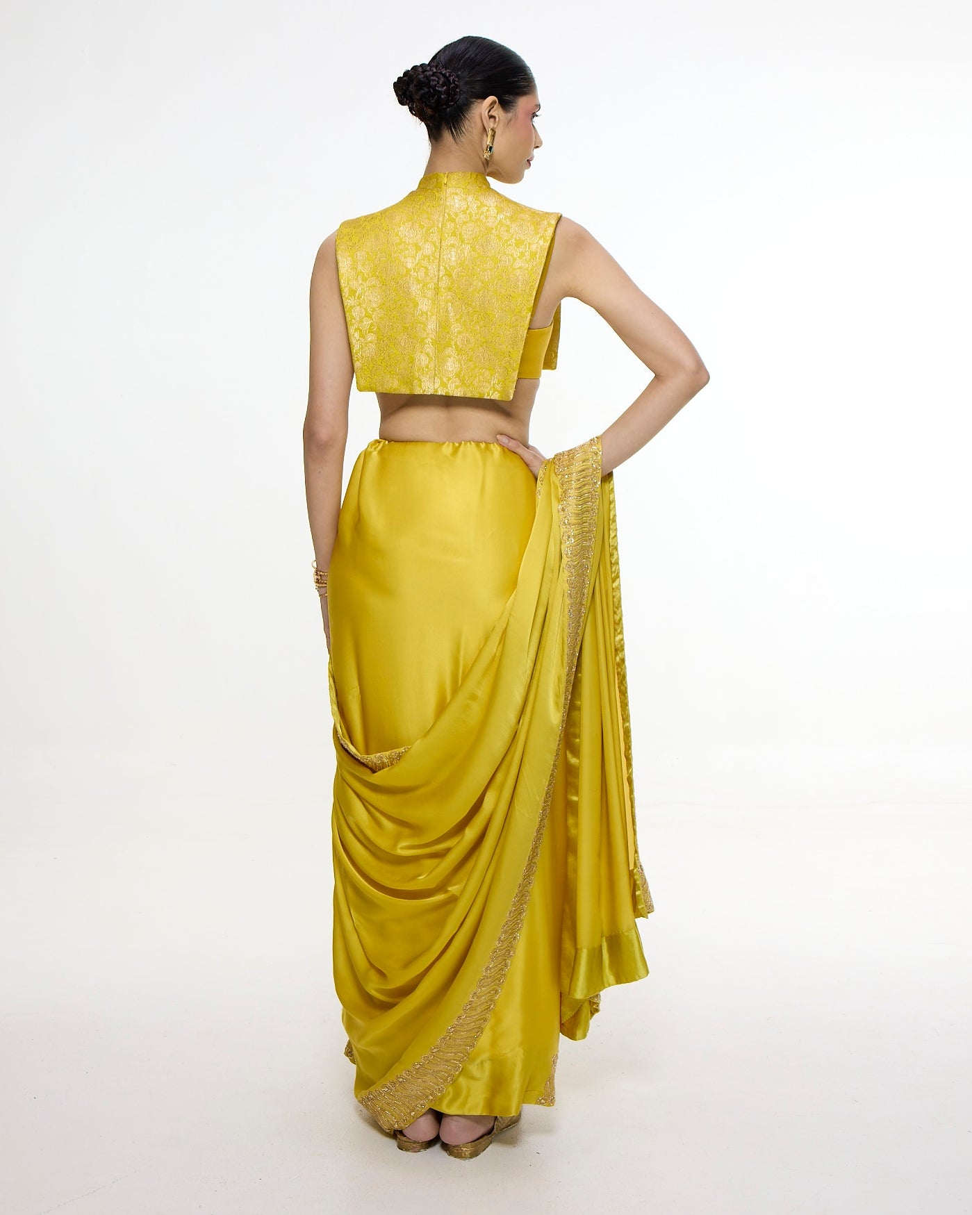 Handwoven Yellow Ochre Mashroo Silk Sari With Embroidered Border