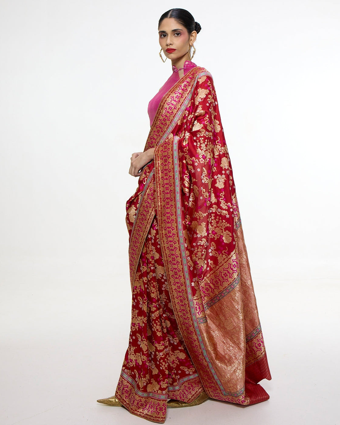 Sonam Kapoor in the Handwoven Ruby Red Mashroo Silk Sari