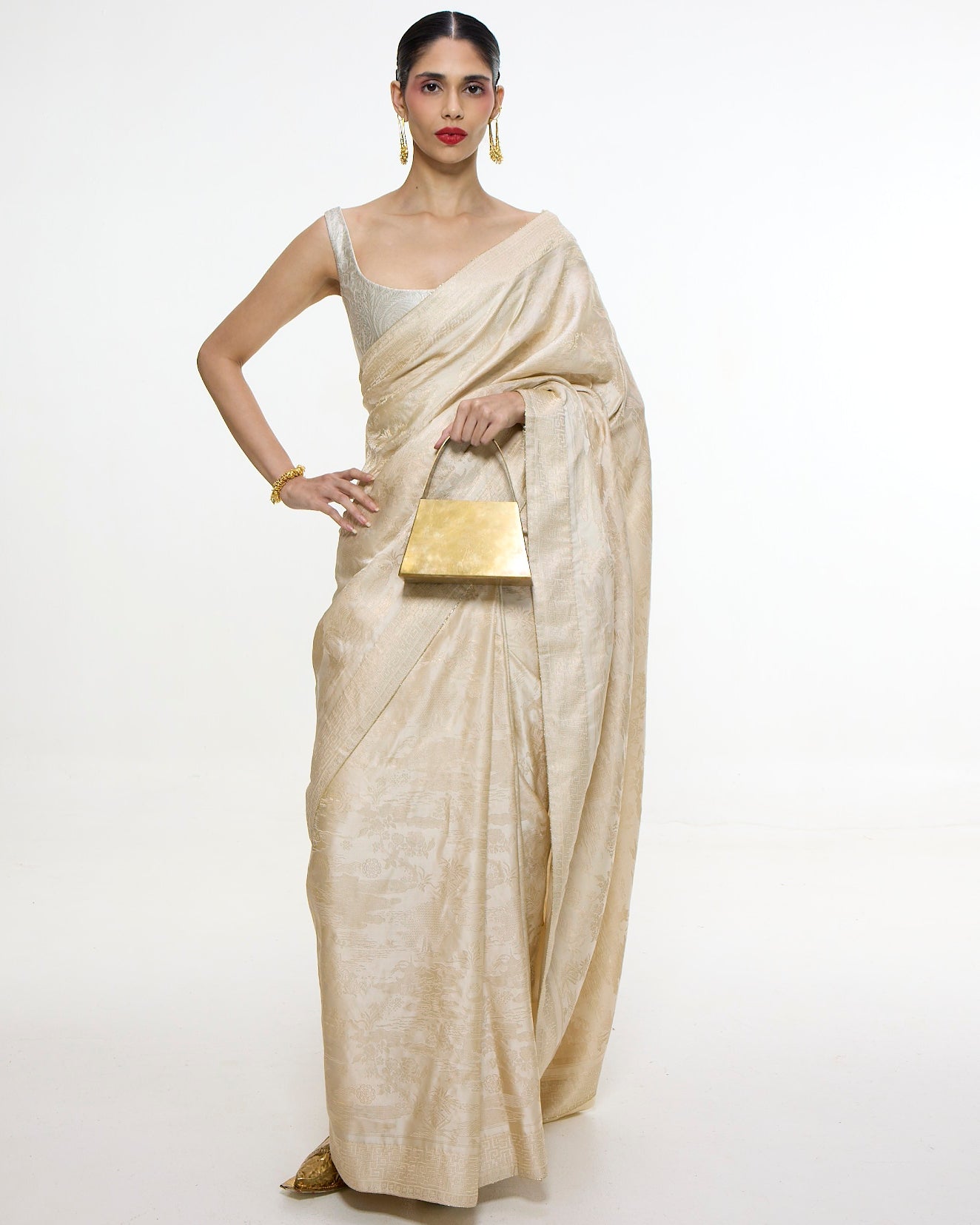 Handwoven Ivory Kadhwa Banarasi Sari