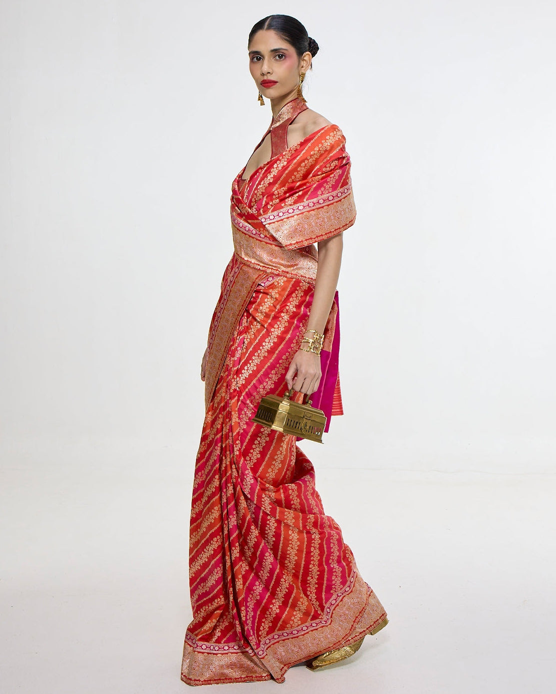 Handwoven Carmine Red Mashroo Silk Sari