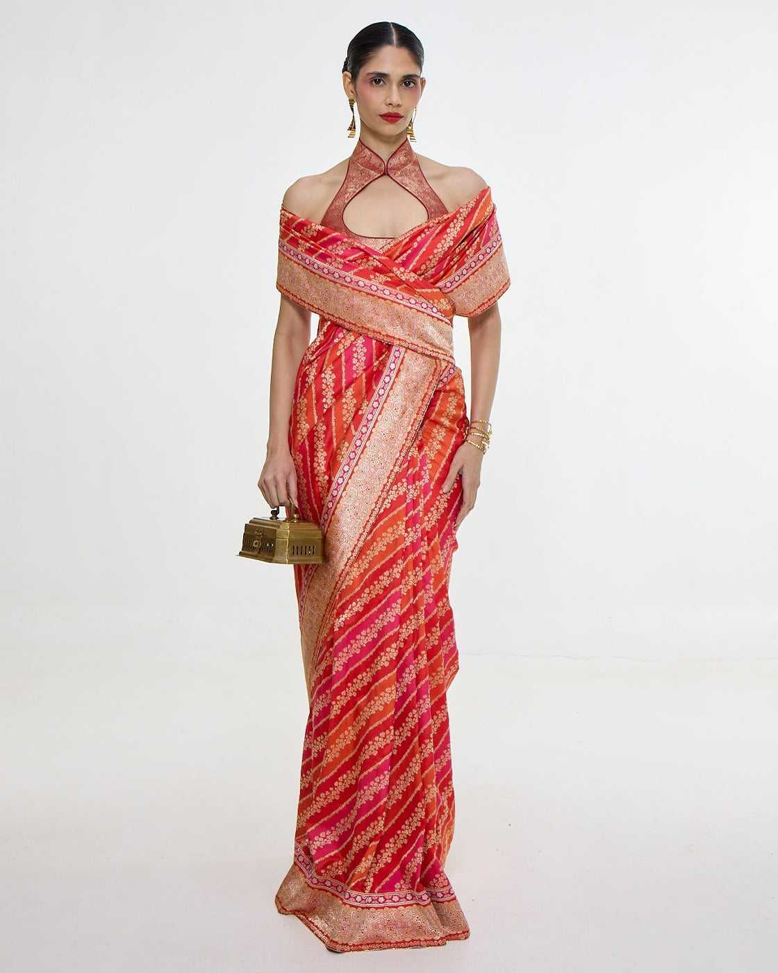 Handwoven Carmine Red Mashroo Silk Sari