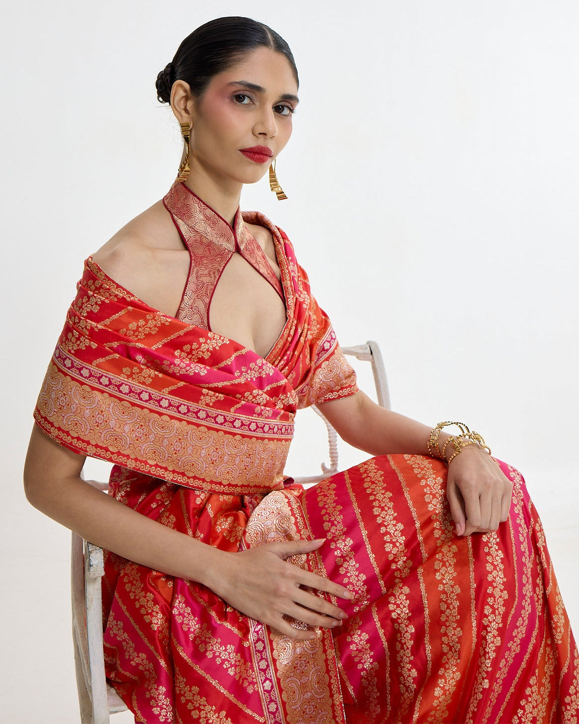 Handwoven Carmine Red Mashroo Silk Sari