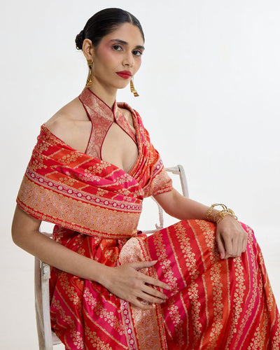 Handwoven Carmine Red Mashroo Silk Sari