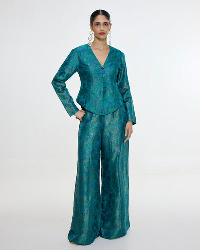 Handwoven Coral Blue Jacket Set