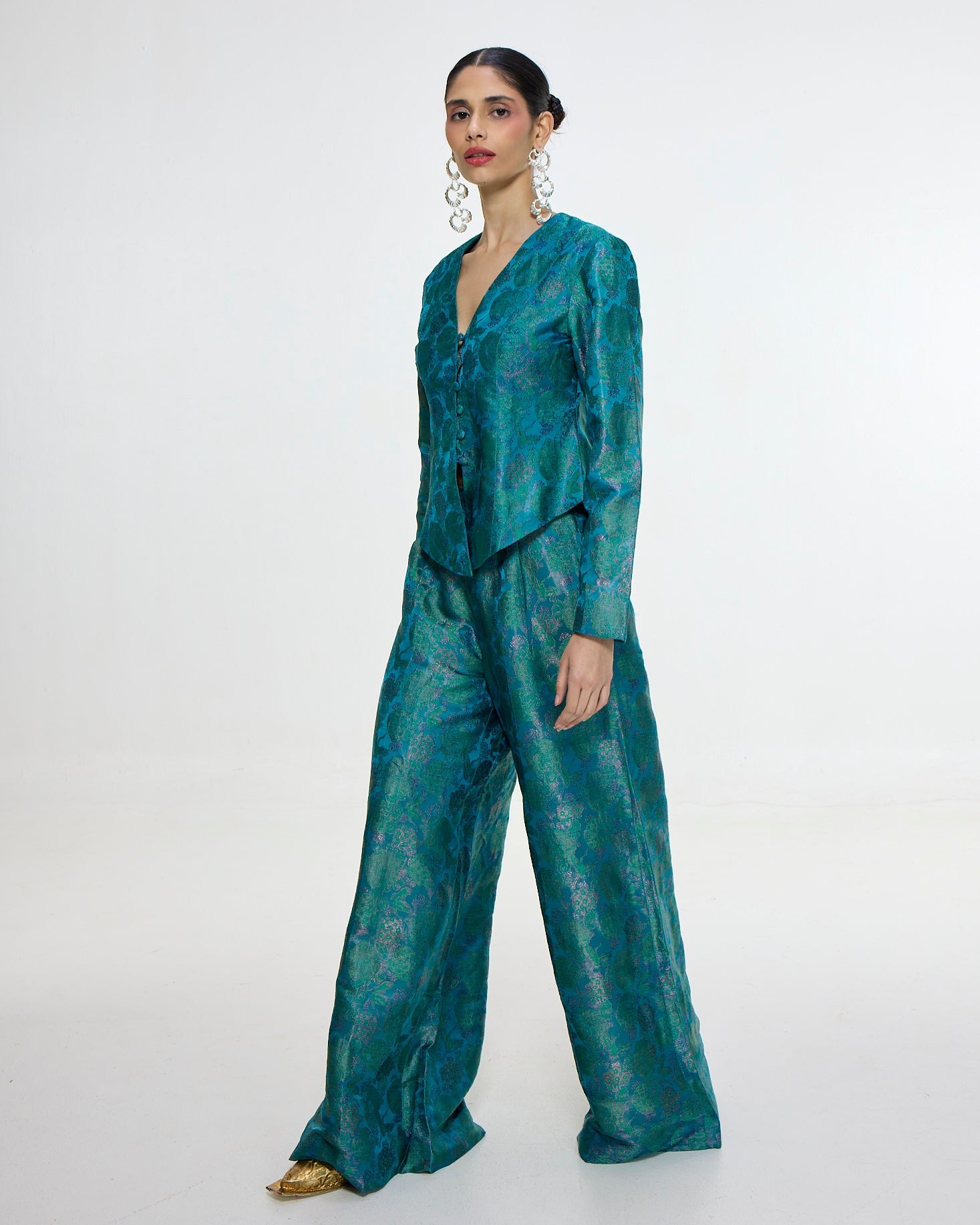 Handwoven Coral Blue Jacket Set