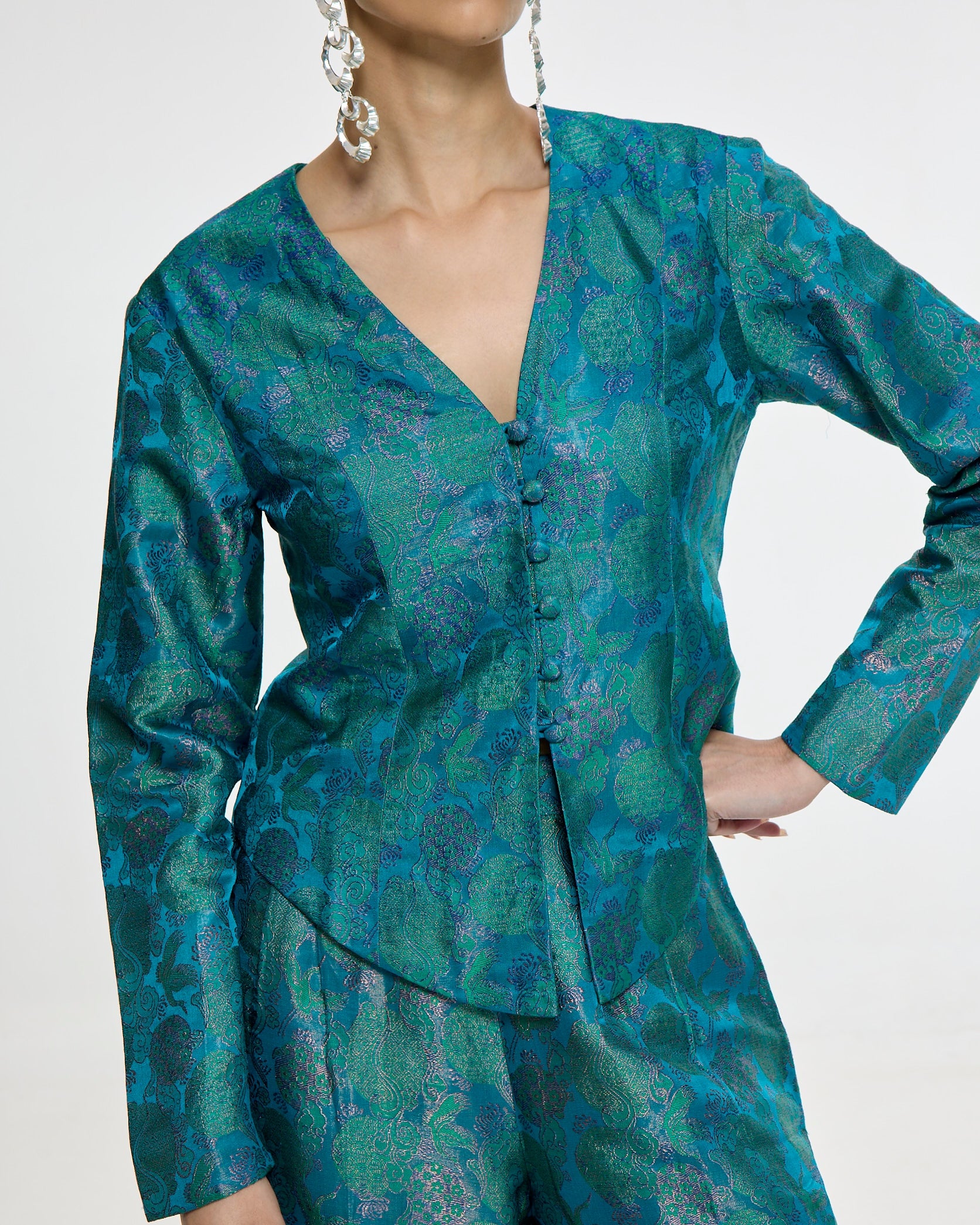 Handwoven Coral Blue Jacket Set