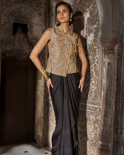 Embroidered Sleeveless Top and Black Draped Skirt