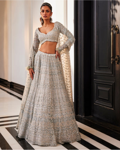 Ice Blue Embroidered Organza Lehenga Set