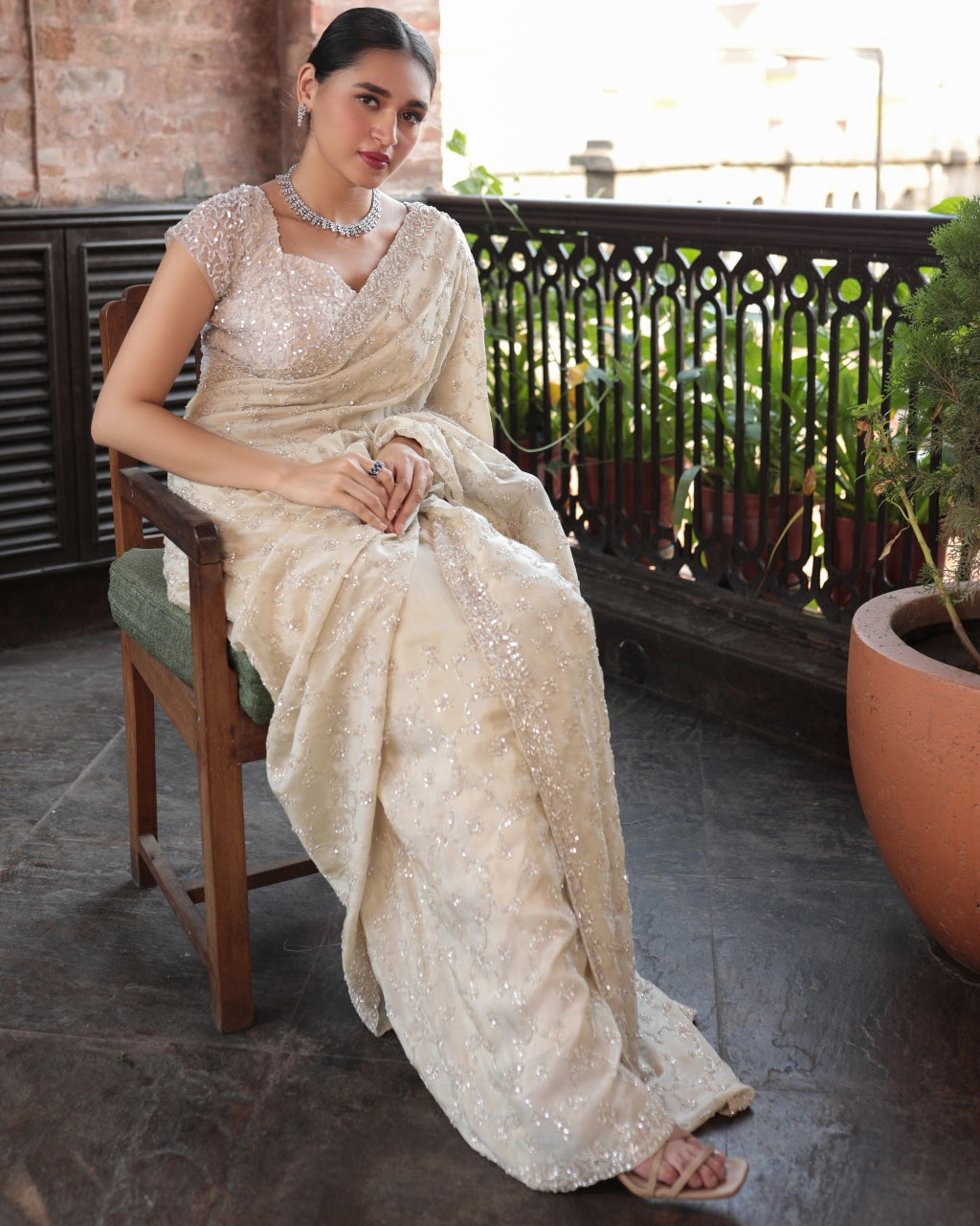Beige Embroidered Sari Set