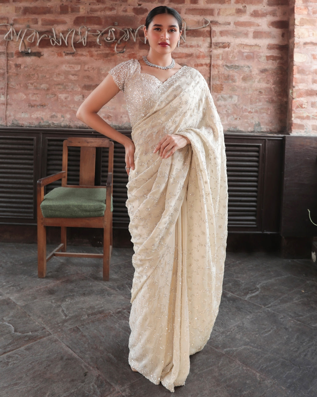 Beige Embroidered Sari Set