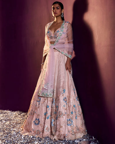 Peach Net Lehenga Set