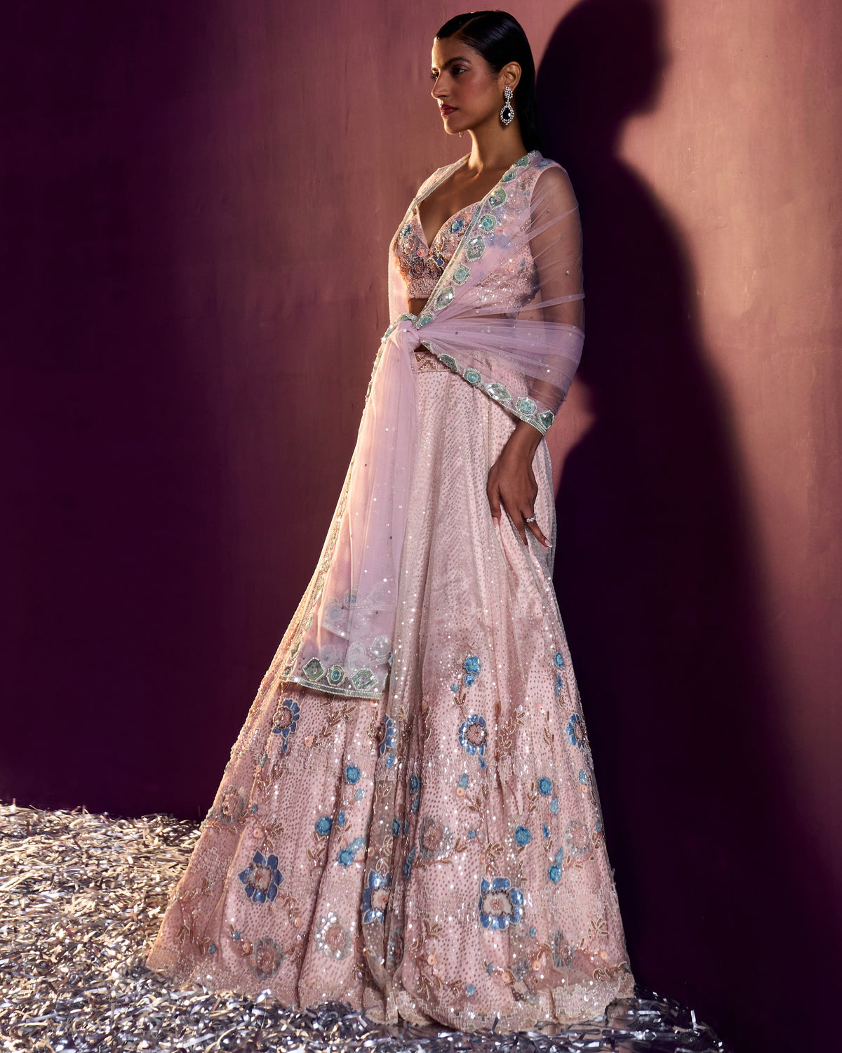 Peach Net Lehenga Set