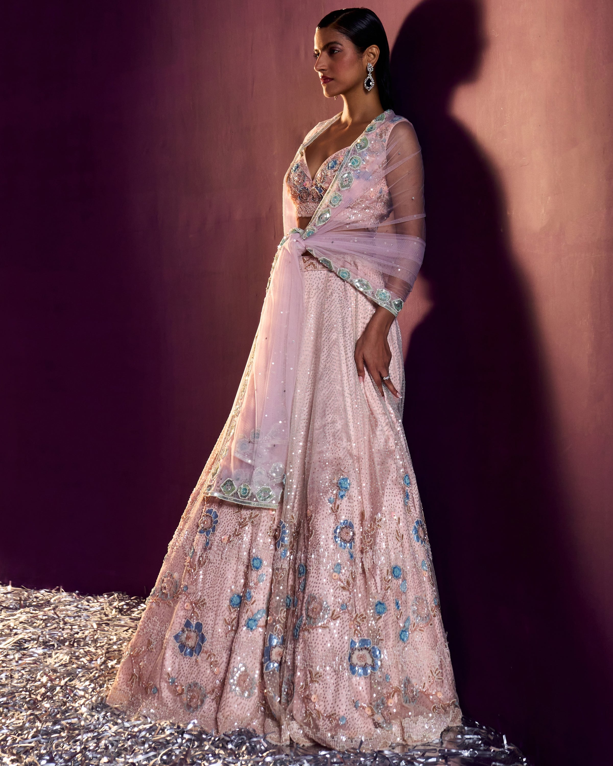 Peach Net Lehenga Set