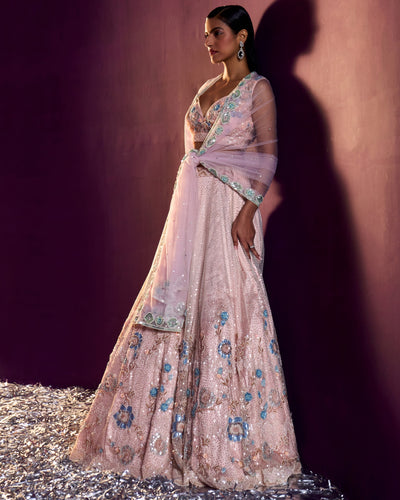 Peach Net Lehenga Set
