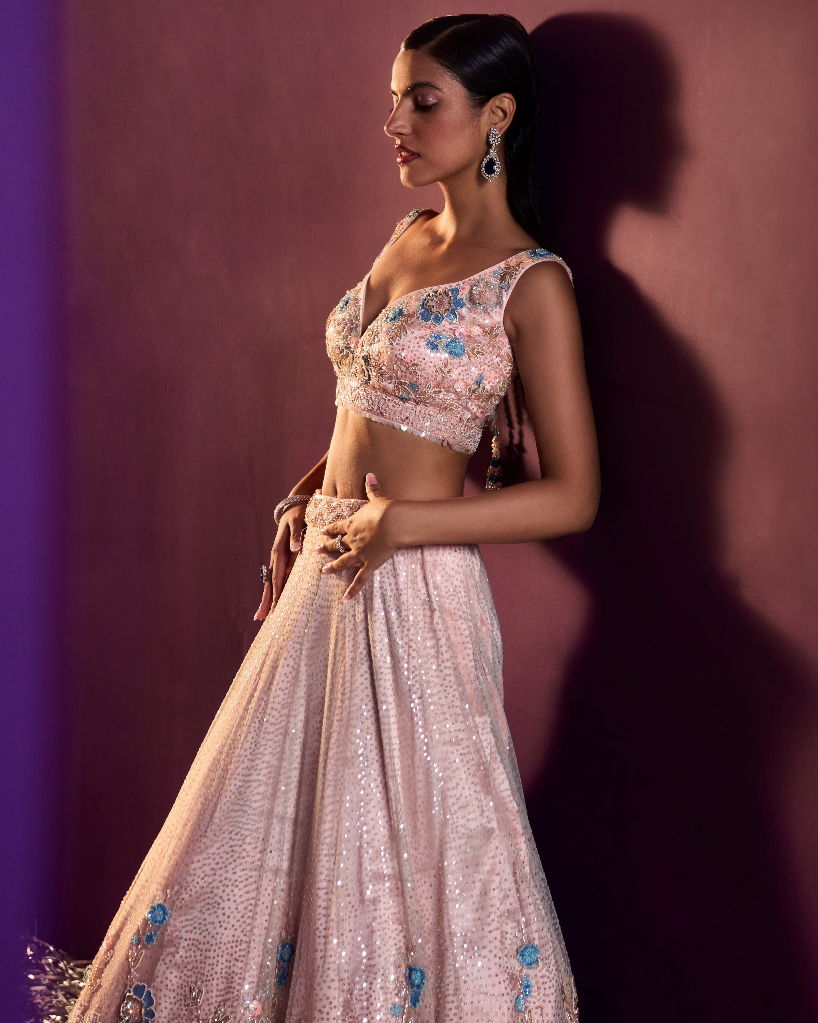 Peach Net Lehenga Set