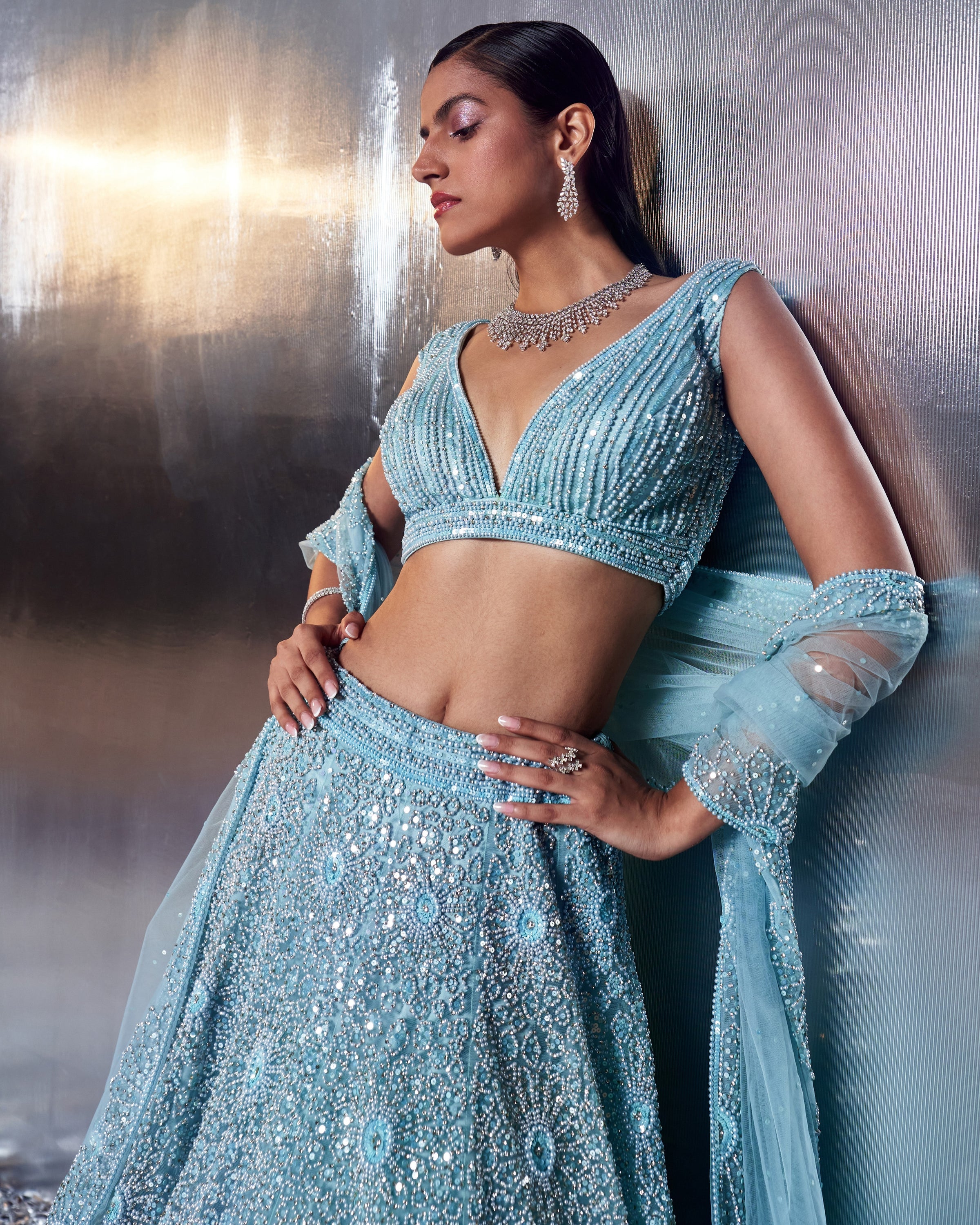Tiffany Blue Net Lehenga Set