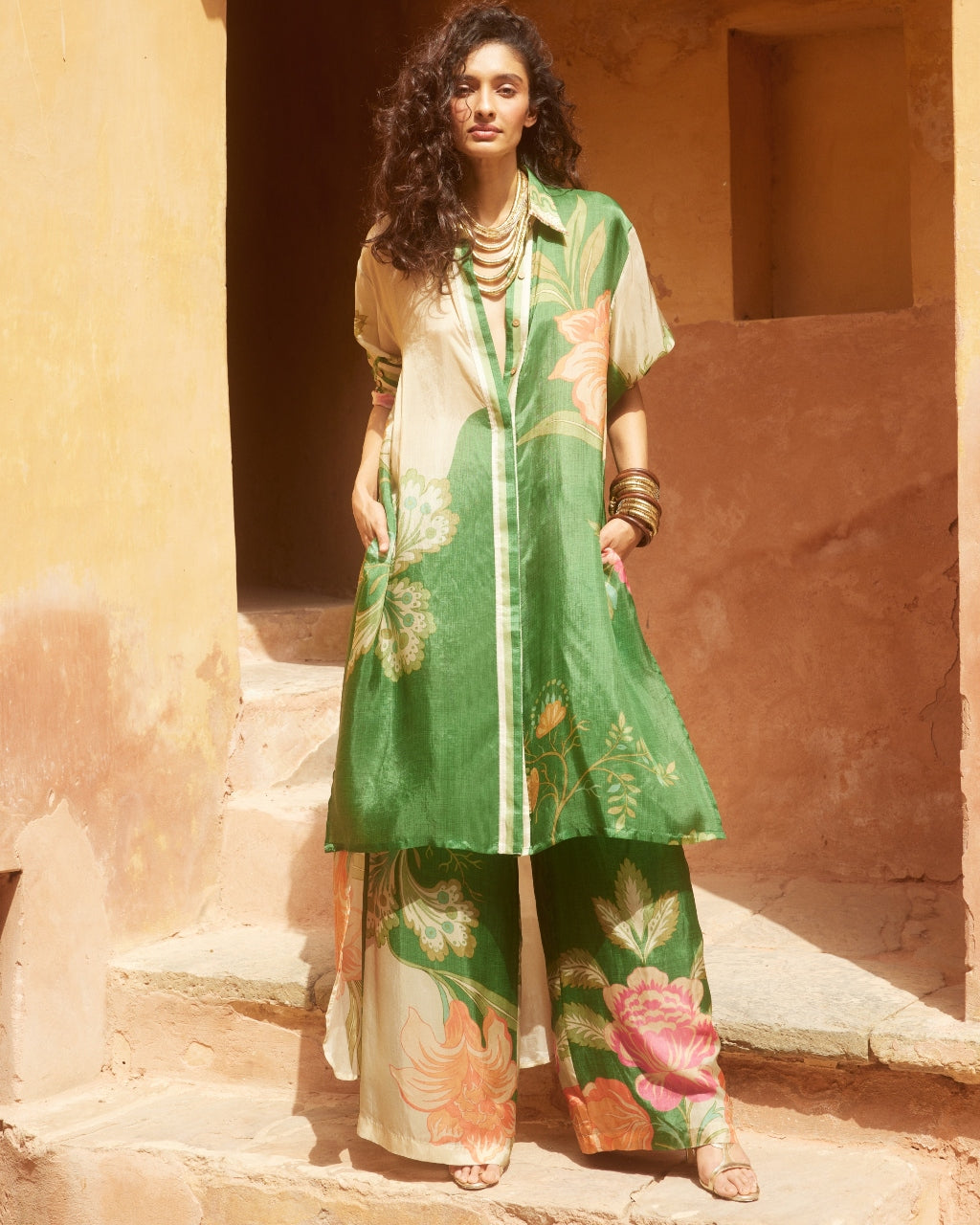 Green Habutai Floral Kurta Set