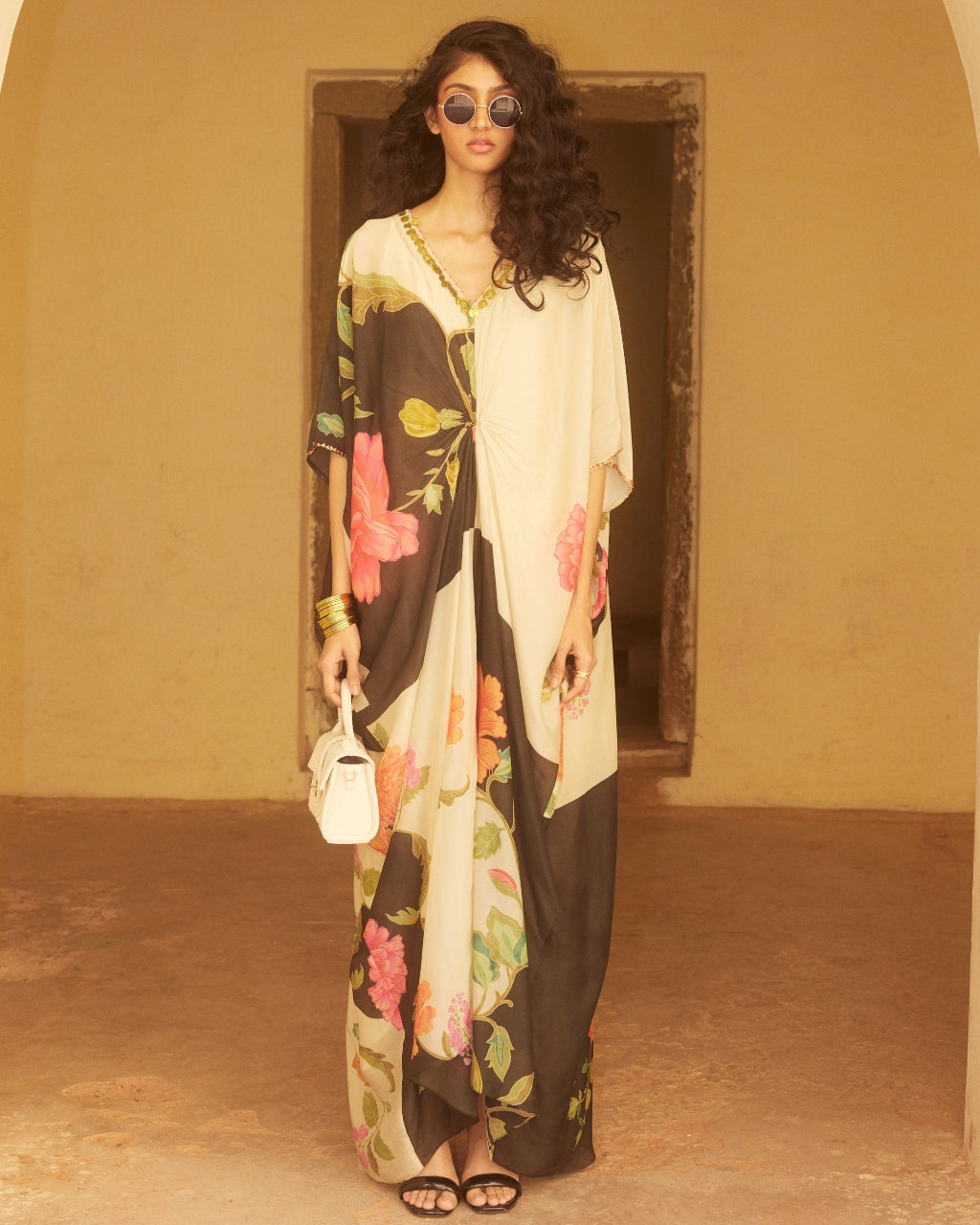 White And Black Floral Kaftan Set