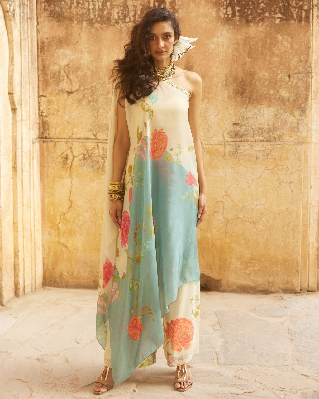 Ice Blue One Shoulder Kaftan Set