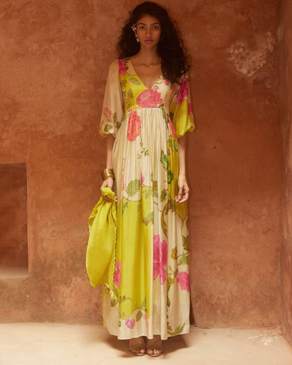 Lime Yellow Floral Flowy Maxi Dress