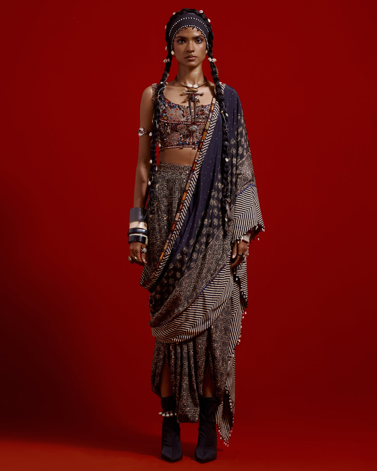 Sadhvi Chekered Draped Sari Set