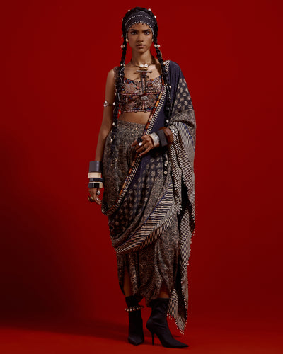 Sadhvi Chekered Draped Sari Set