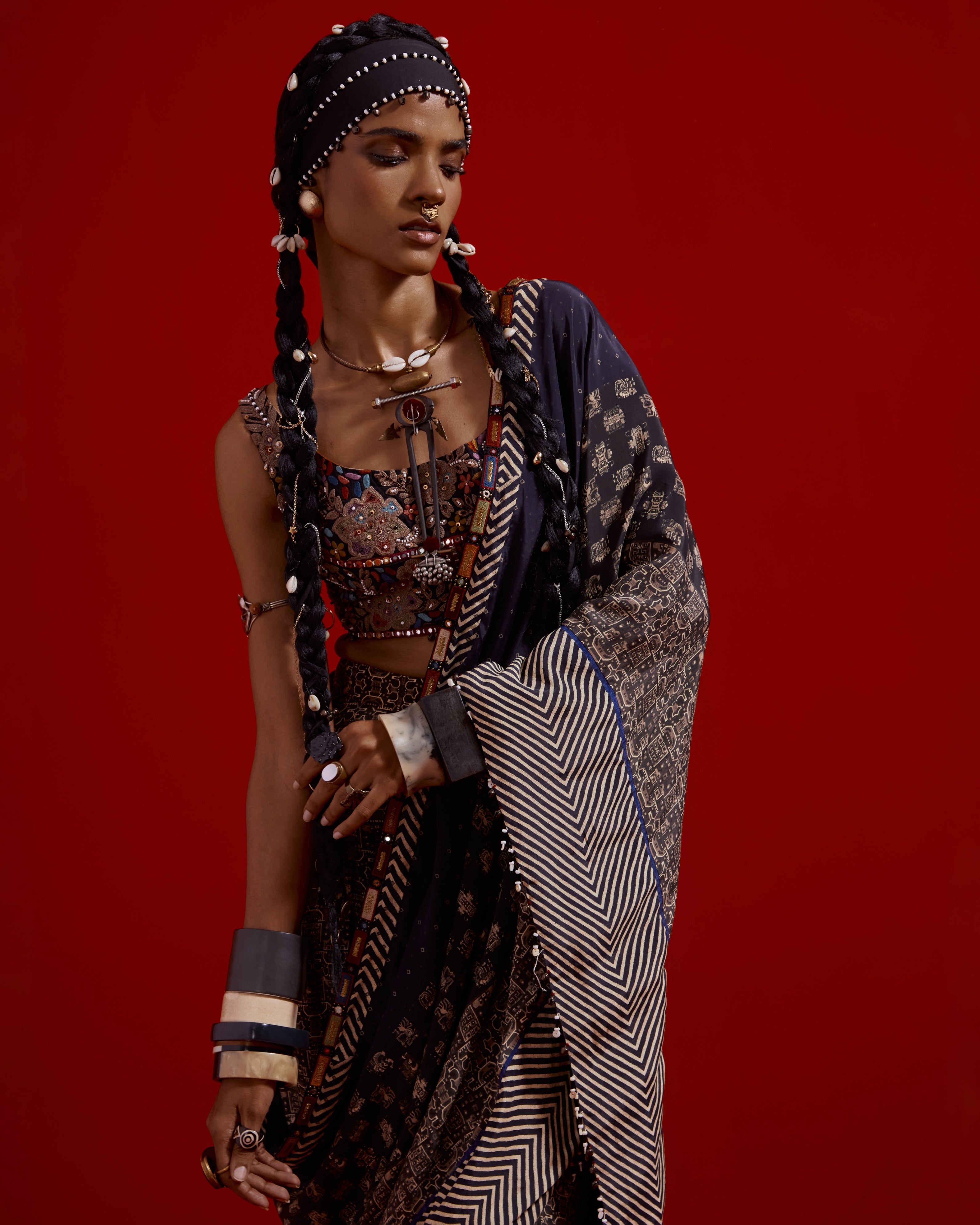 Sadhvi Chekered Draped Sari Set