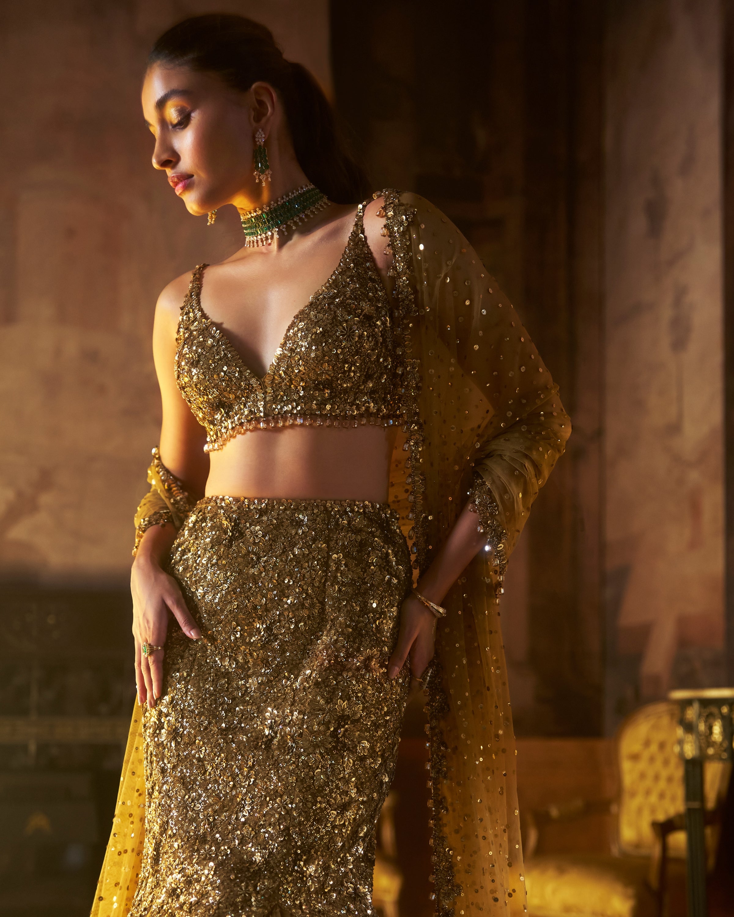 Antique Gold Fit & Flare Skirt Set
