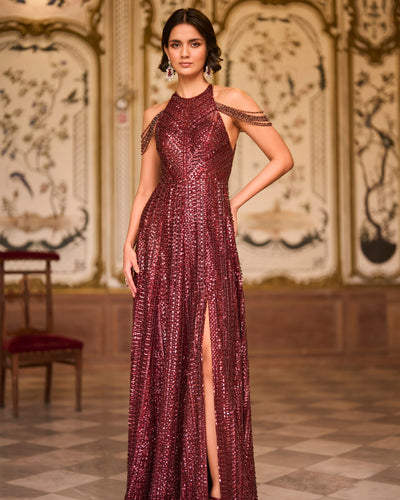 Maroon Sequin Halter Neck Gown
