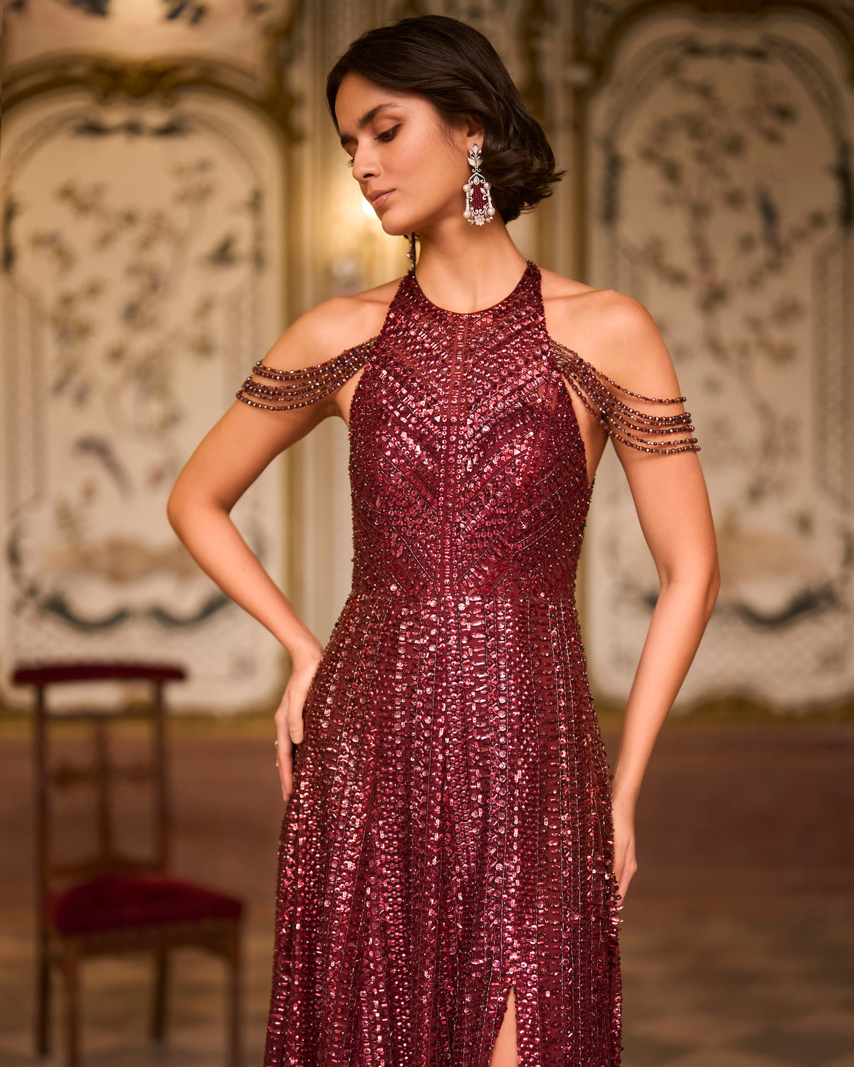 Maroon Sequin Halter Neck Gown