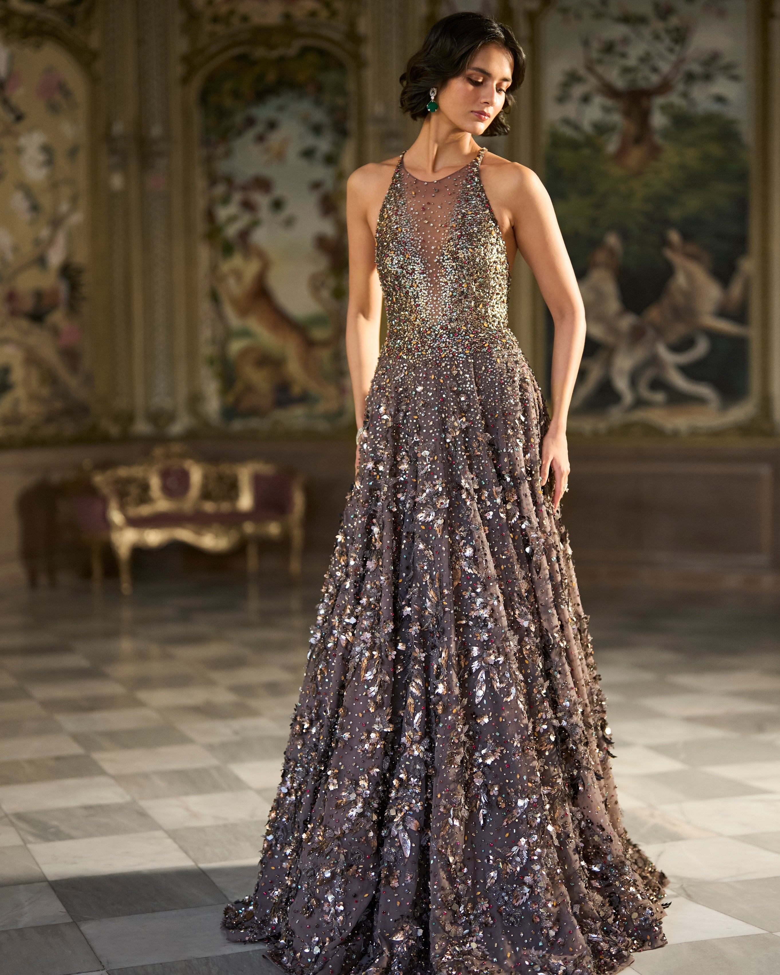 Metallic Antique Silver 3D Gown