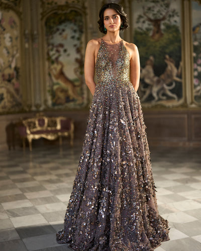 Metallic Antique Silver 3D Gown