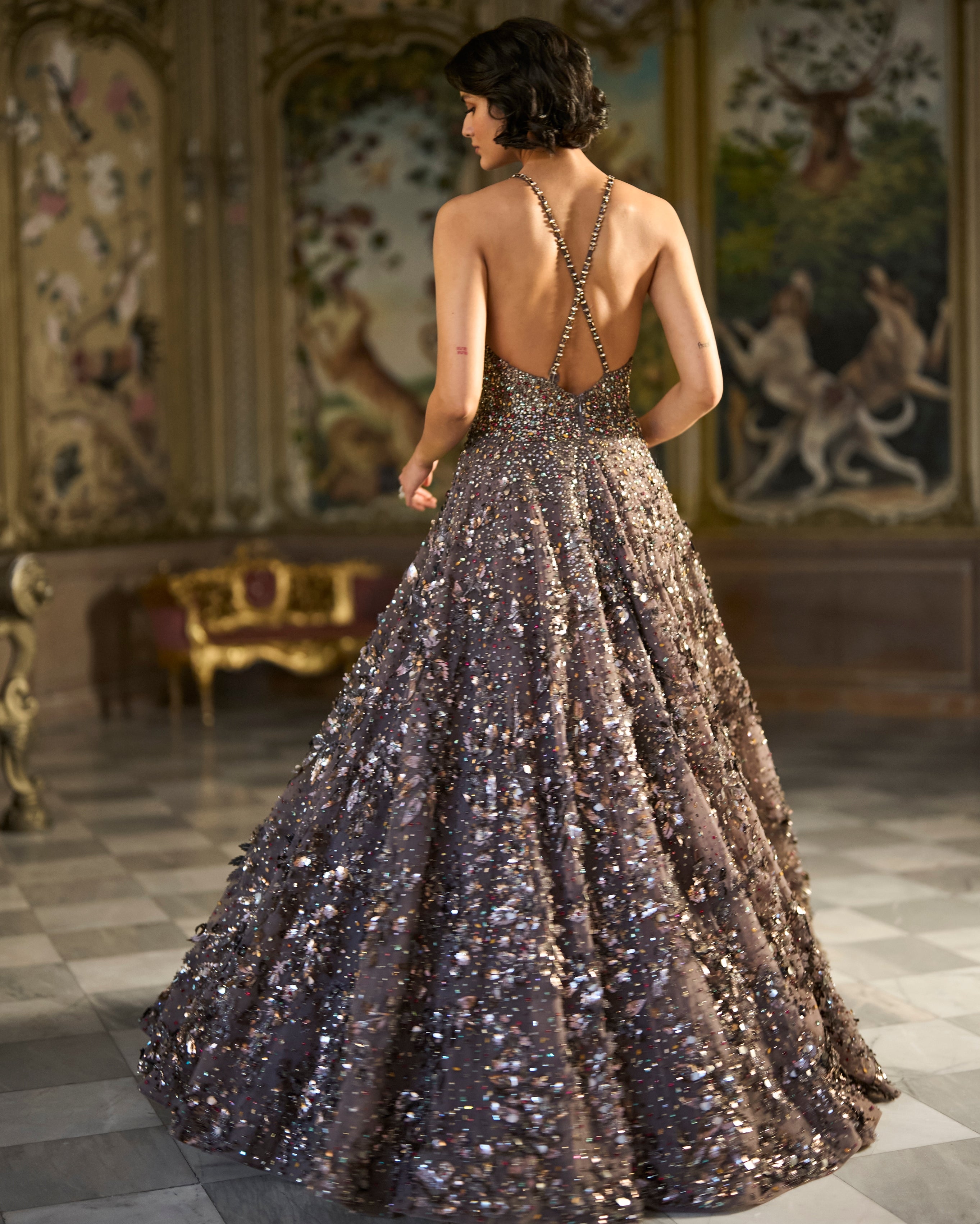 Metallic Antique Silver 3D Gown