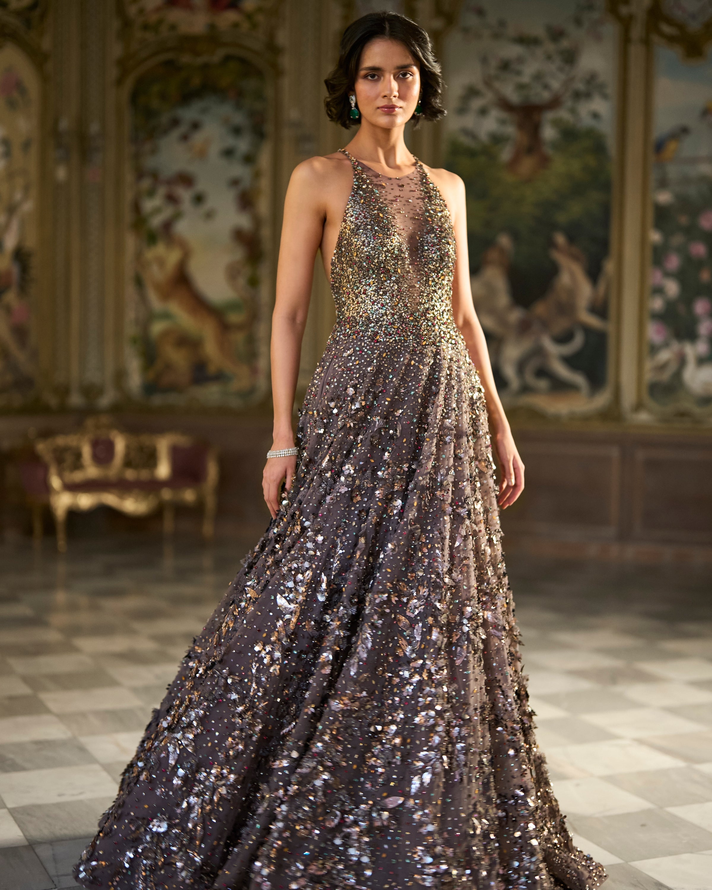 Metallic Antique Silver 3D Gown