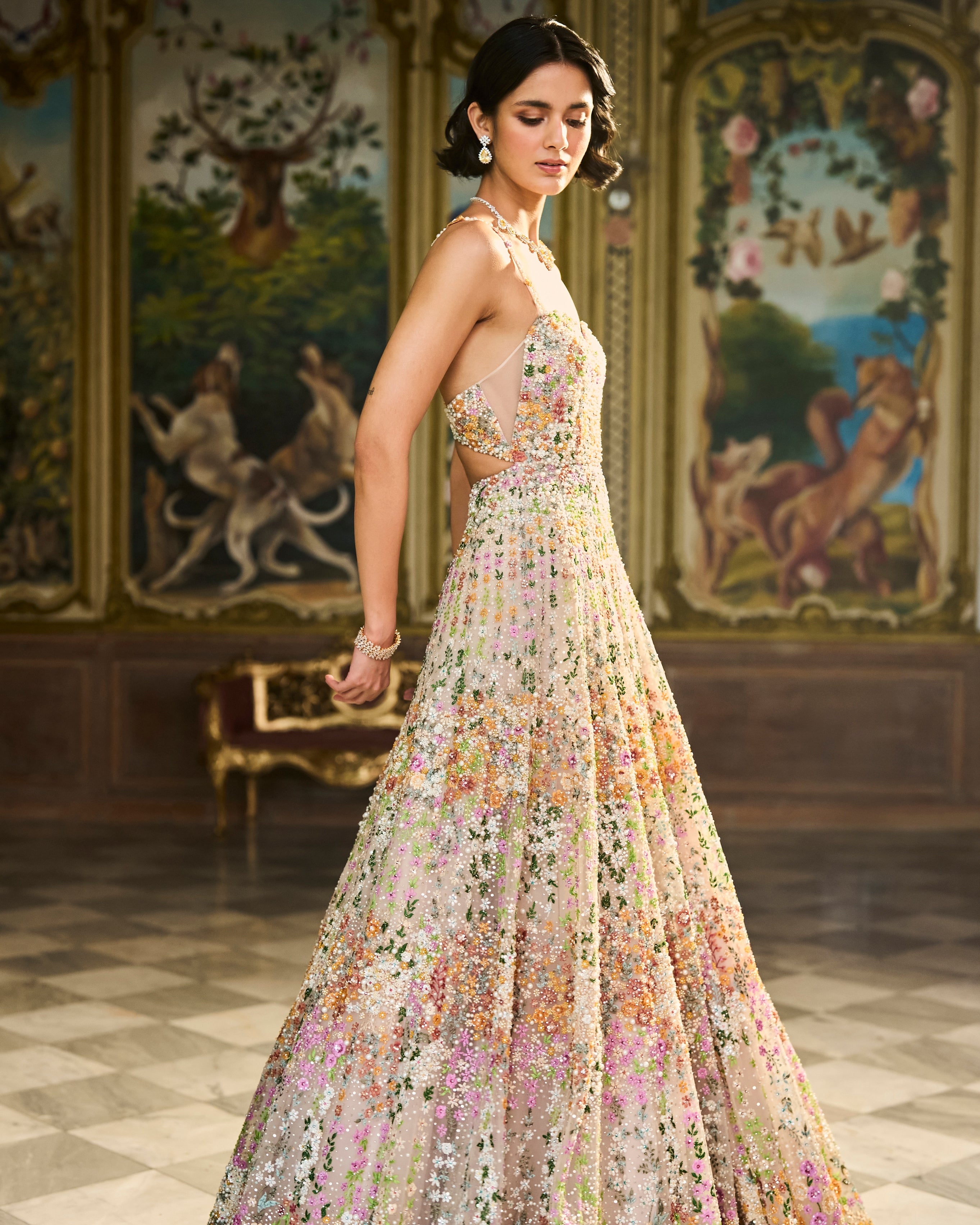 Nude Multi-Coloured Floral Gown