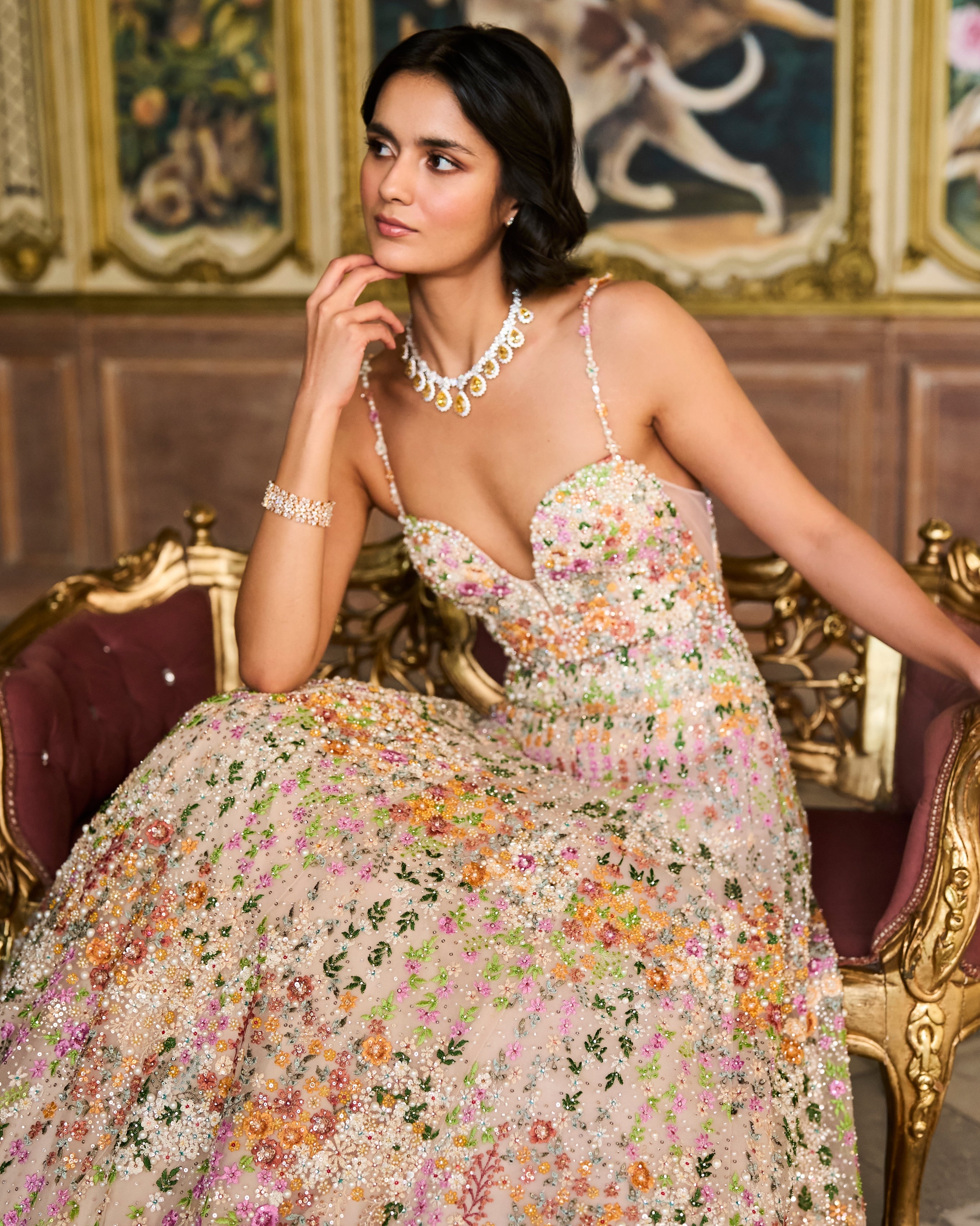 Nude Multi-Coloured Floral Gown