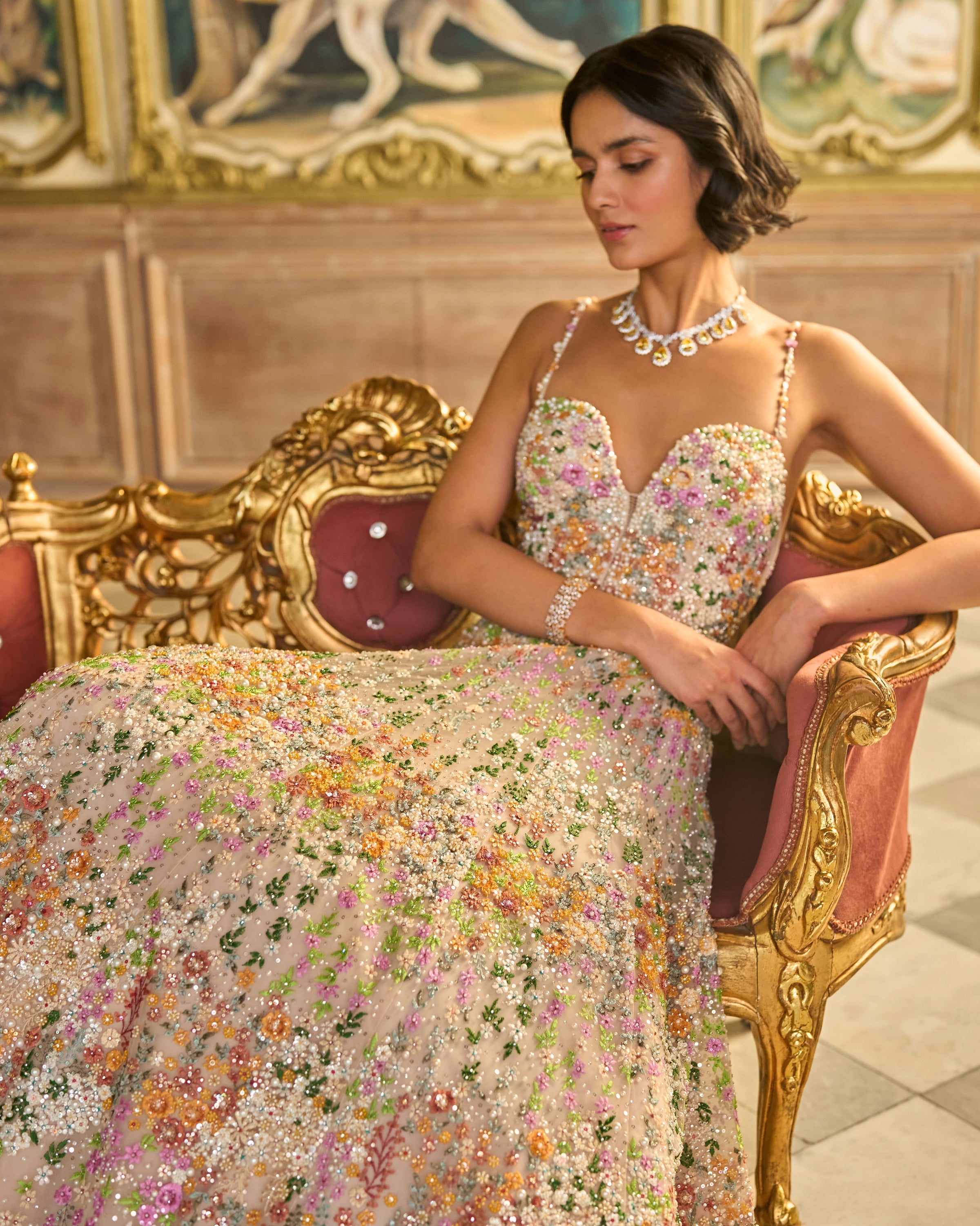 Nude Multi-Coloured Floral Gown
