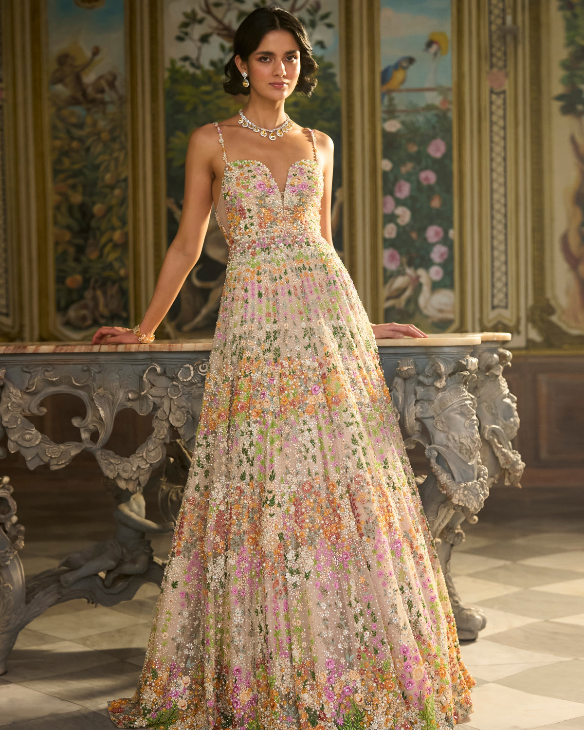 Nude Multi-Coloured Floral Gown