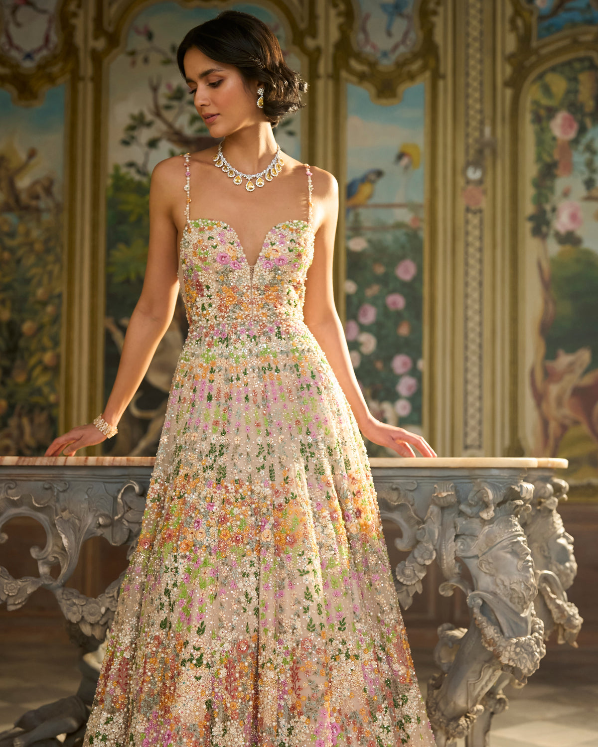 Nude Multi-Coloured Floral Gown