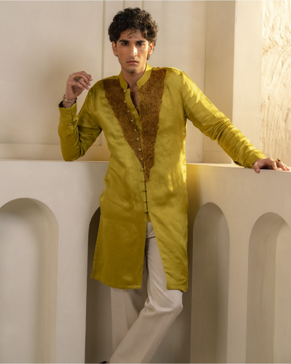 Gold Moss Linen Silk Kurta Set