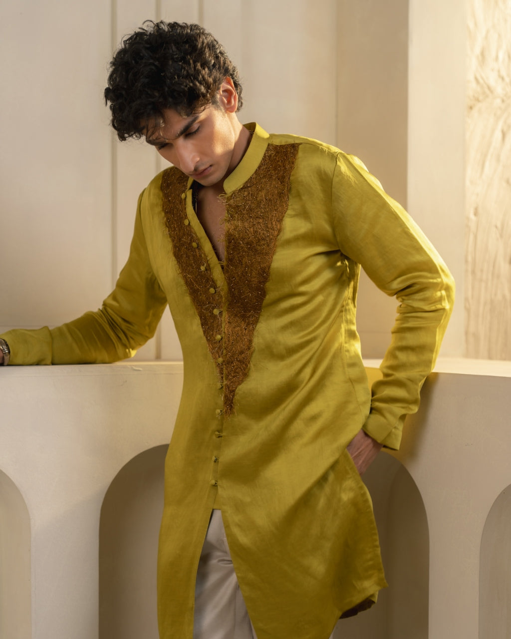 Gold Moss Linen Silk Kurta Set