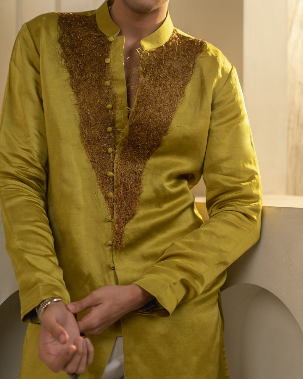 Gold Moss Linen Silk Kurta Set