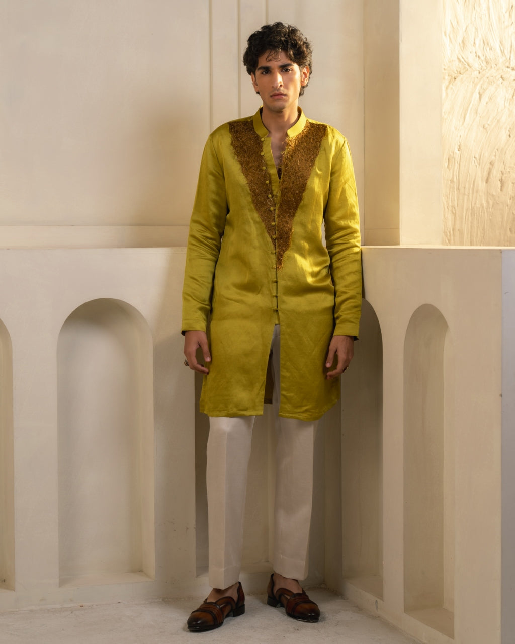 Gold Moss Linen Silk Kurta Set