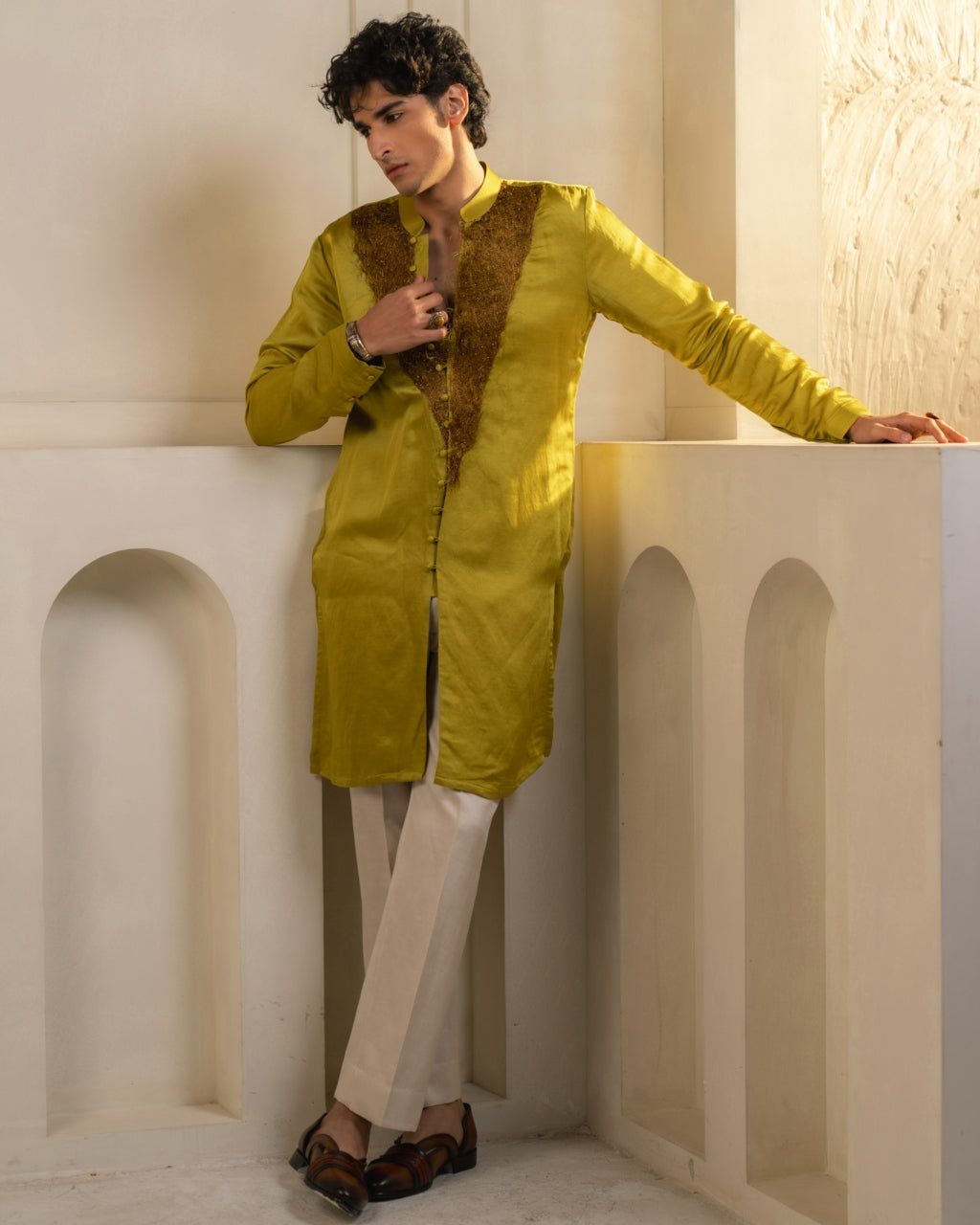 Gold Moss Linen Silk Kurta Set