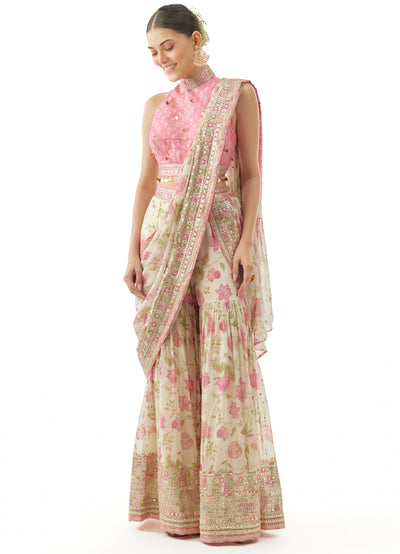 Ivory Pakhi Sharara Sari Set