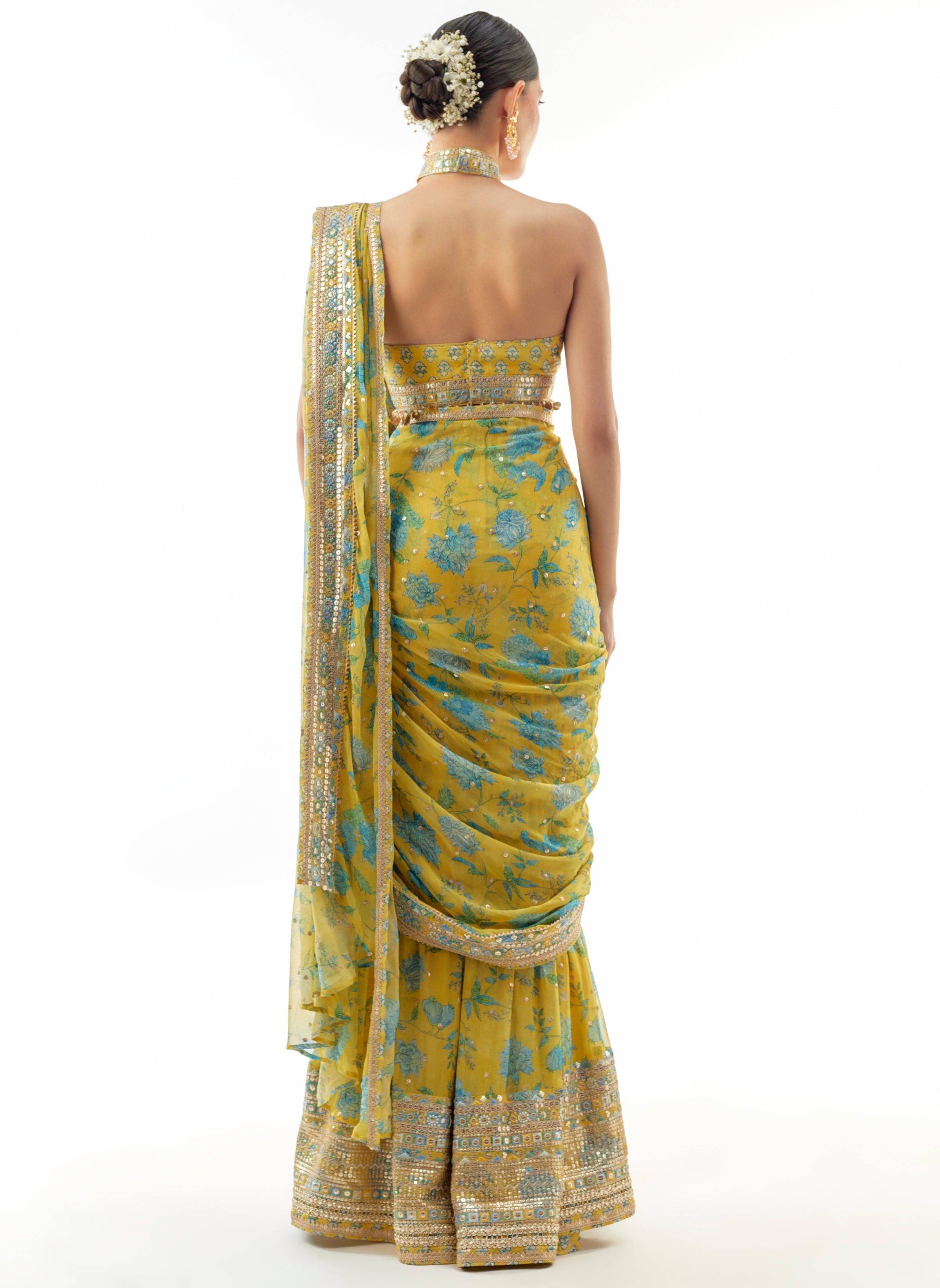 Yellow Pakhi Sharara Sari Set