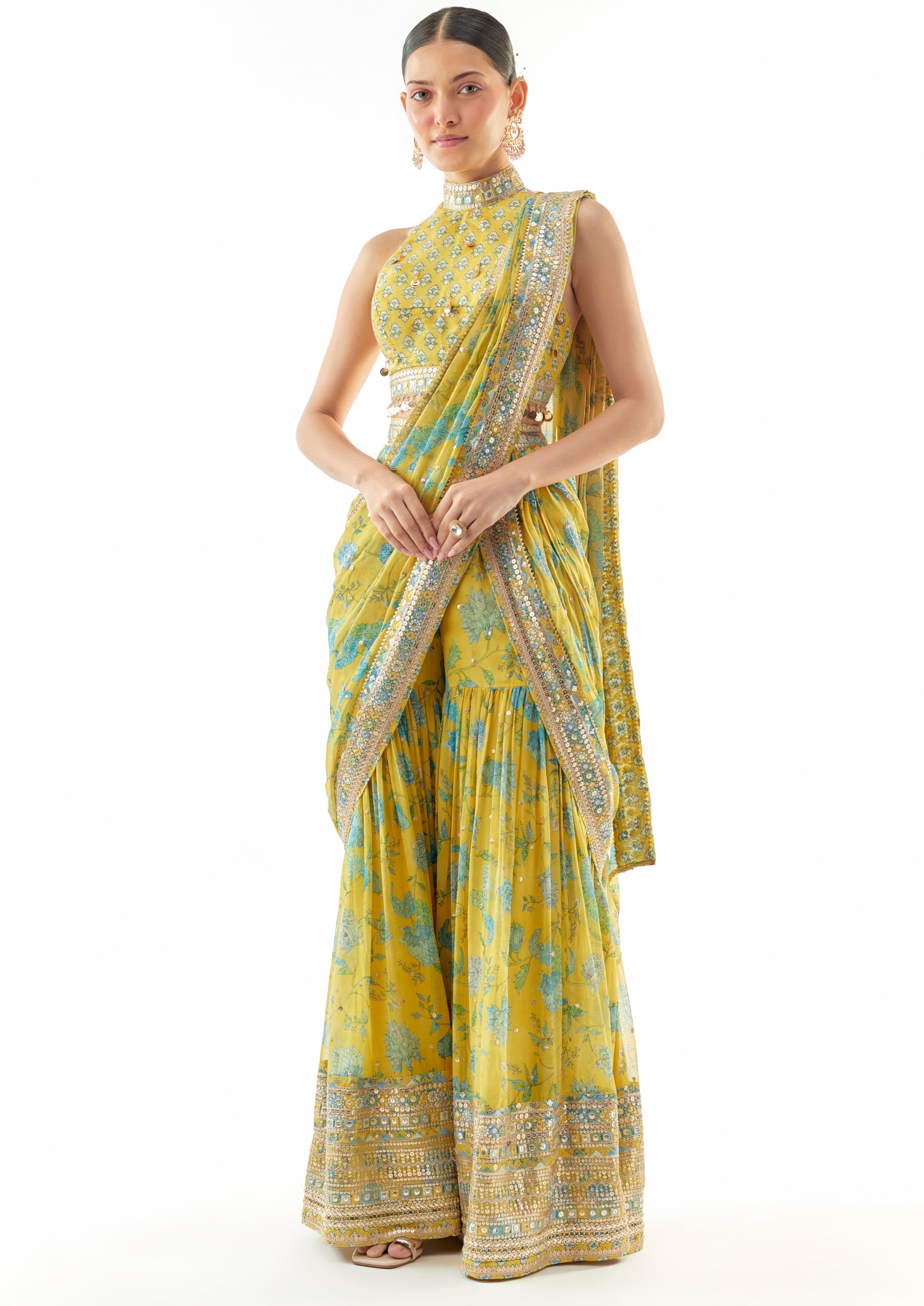 Yellow Pakhi Sharara Sari Set